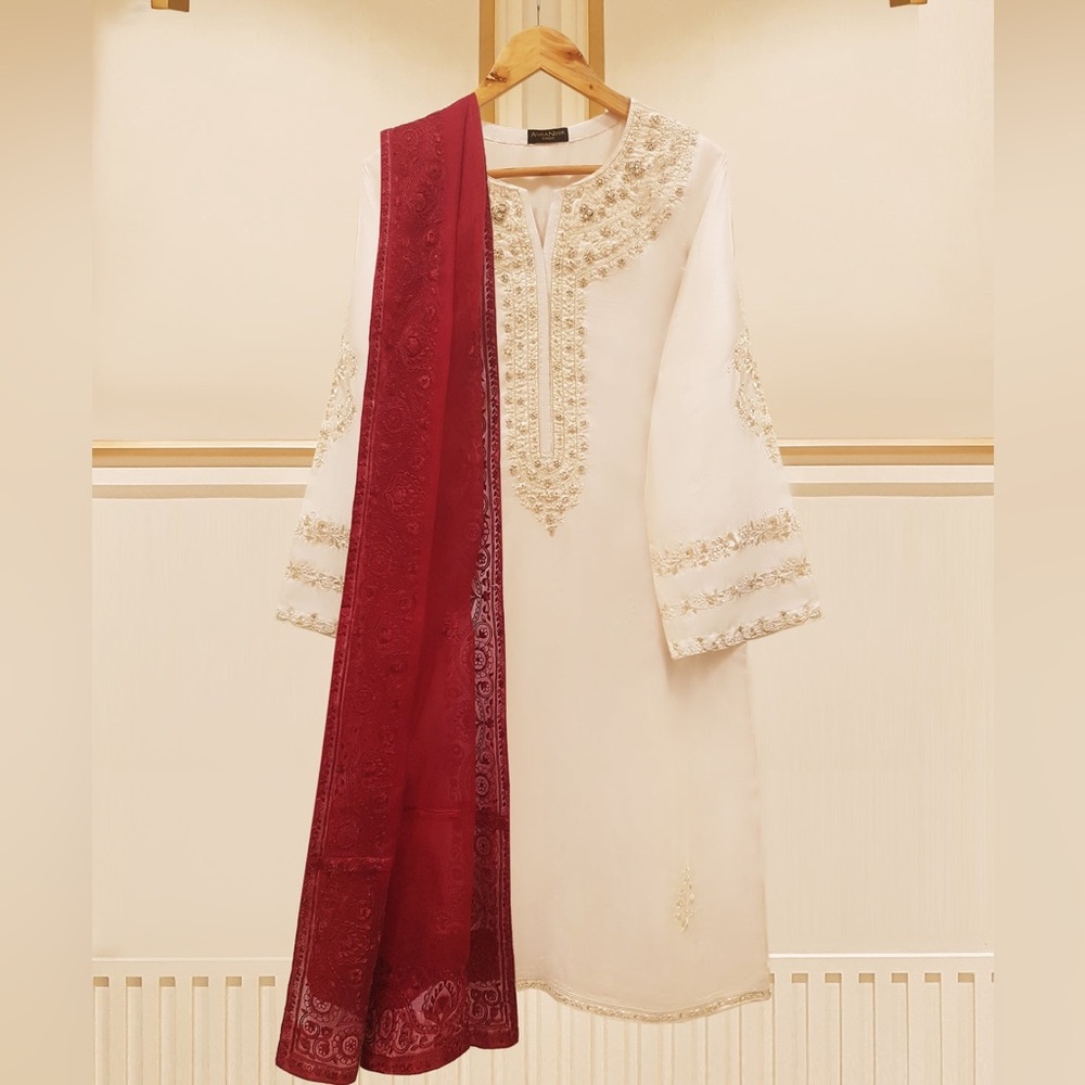 Original Agha noor 3PIECE - PURE RAW SILK EMBROIDERED SUIT